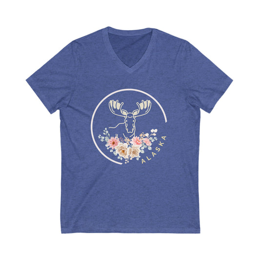 Alaska Moose Floral V-Neck Tee for Nature Lovers